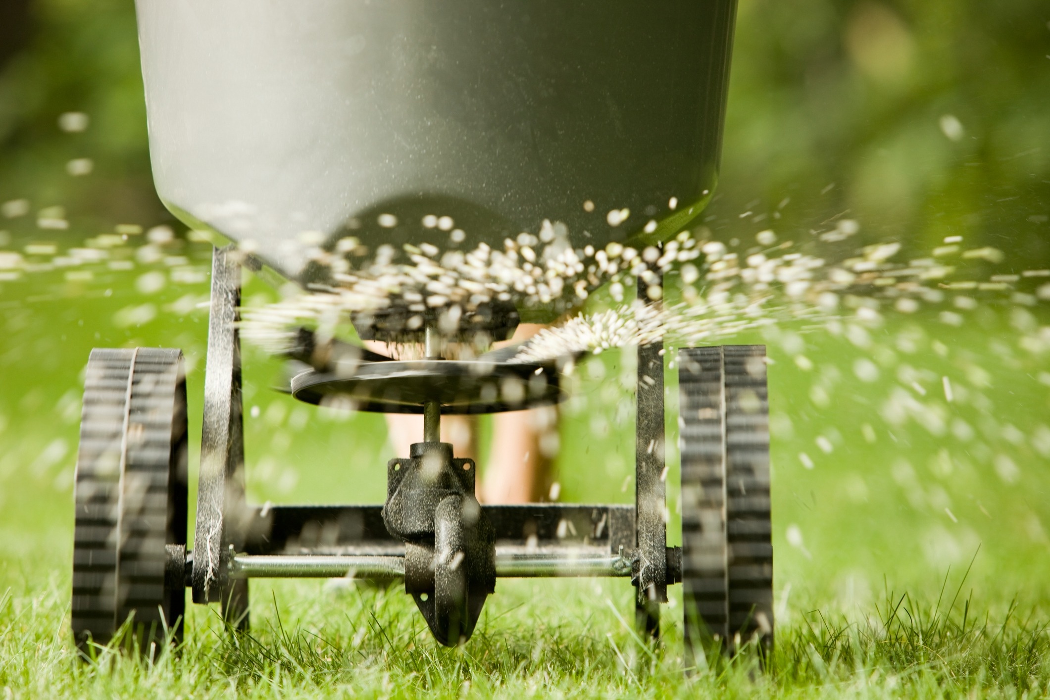 A machine used for fertilizing a lawn makes its way over a residential lawn.